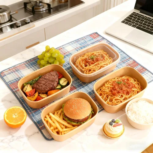 Miniatura 2 de Paquete de 50 recipientes desechables para preparación de comidas, cuencos de papel grandes desechables de 19 onzas con tapas y tenedores