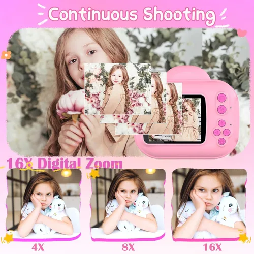 Miniatura 4 de Cámara para niños con impresión instantánea para niños, cámaras para niños pequeños, cámaras de video digitales HD 1080P, juguete de cámara Rosa