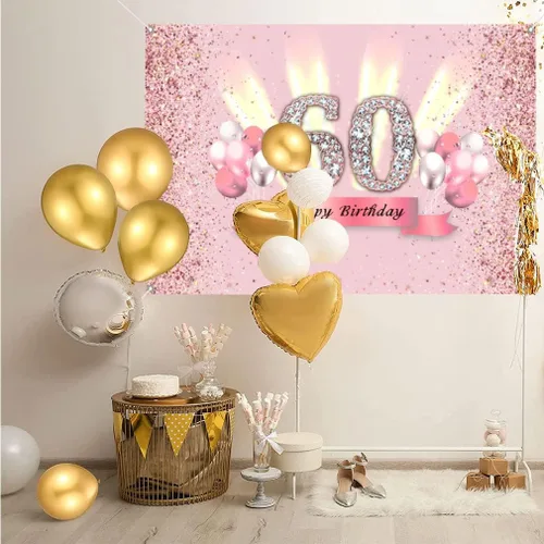 Miniatura 2 de Decoraciones de cumpleaños número 60 para mujer, cartel de fondo de feliz cumpleaños, cartel de tela para fiesta de aniversario de 60 años, póster