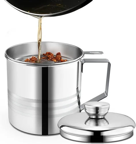 Miniatura 8 de Chihee Contenedor de grasa de acero inoxidable para tocino con filtro de malla fina, 2 litros/67.6 onzas líquidas, lata de aceite de cocina con tapa
