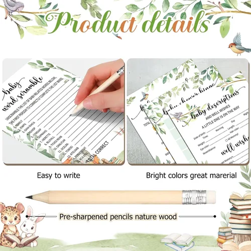 Miniatura 3 de Yinder 145 tarjetas de actividades para juegos de baby shower con 20 lápices, incluye descripción de bingo para bebés y deseos, adivina quién es