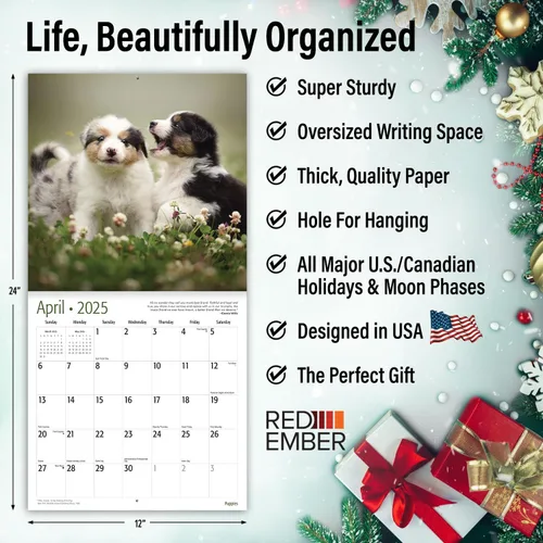 Miniatura 3 de RED EMBER Calendario de pared 2025 con diseño de cachorros de 12 meses, 12 x 24 pulgadas, abierto, papel grueso y resistente, para regalo