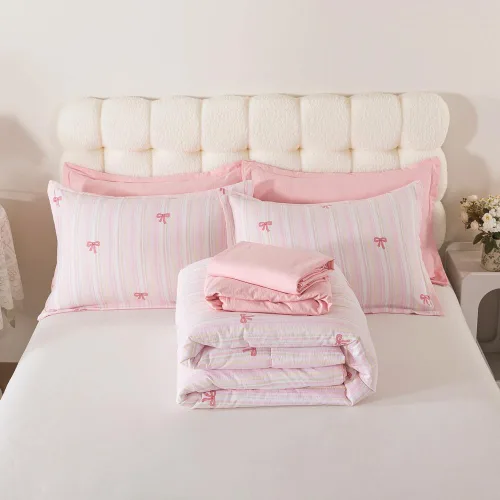 Miniatura 4 de Juego de ropa de cama de 5 piezas con lazo rosa para niñas, tamaño individual, ropa de cama Kawaii en una bolsa con sábanas de microfibra suave