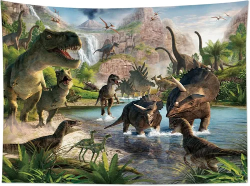 Miniatura 15 de HVEST Tapiz de dinosaurio salvaje y antiguo depredador para colgar en la pared, bosque tropical con árboles verdes y montañas, tapices de pared