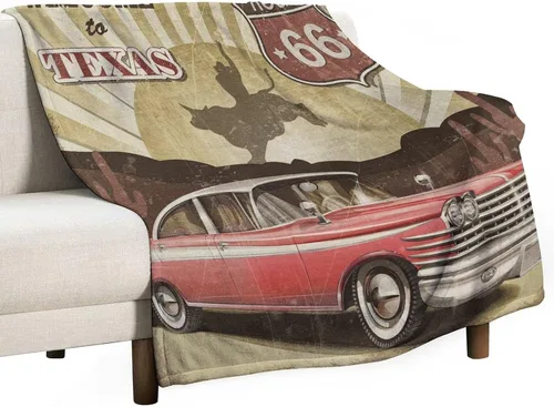 Miniatura 67 de Manta de motocicleta antigua, rústica y clásica, con temática de auto clásico, ruta de EE. UU., 66, patrón impreso, manta de franela súper suave