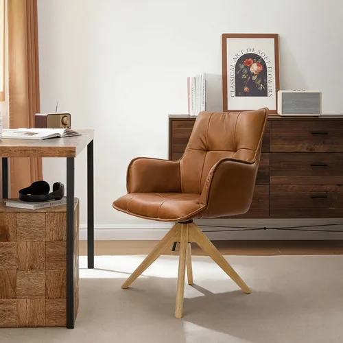 Miniatura 30 de Art Leon Silla de escritorio giratoria – Silla de oficina tapizada de piel sintética sin ruedas, sillón moderno de mediados de siglo con patas