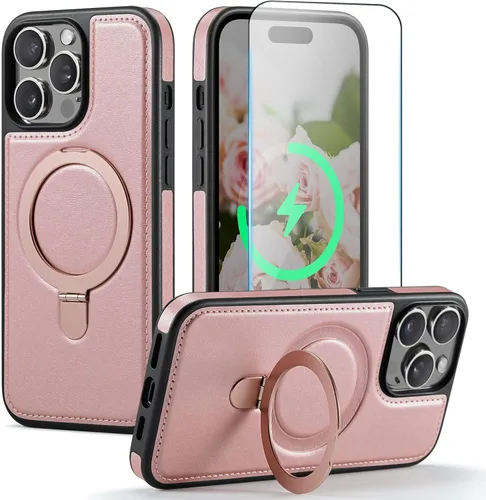 Miniatura 21 de Funda para iPhone 13 con soporte compatible con Magsafe, color negro Magnetic Kickstand, with Tempered Glass Screen Protector, Durable PU Leather