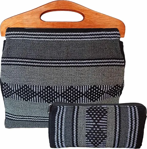 MEXICANDOO Set of Authentic Mexican Handcrafted Woven Handbag with Wooden Handles and Matching Clutch Bag for Women or Girls