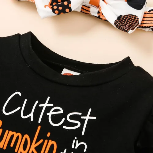Miniatura 7 de Noubeau My 1st Halloween Baby Girl Outfits Ruffle Pumpkin Print Túnica Drees Camisa Pantalones Rayas Legging Otoño Invierno Ropa