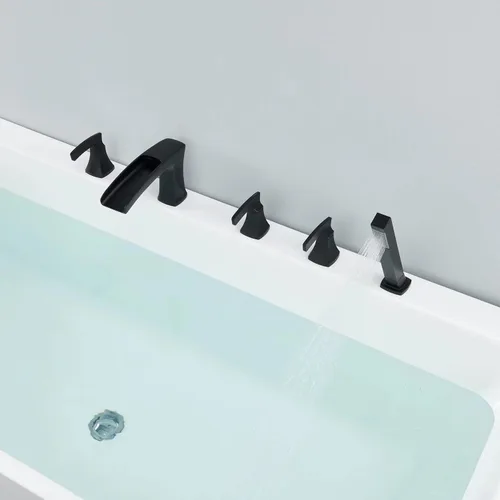 Miniatura 8 de Grifo de bañera romana, grifo de bañera en cascada, grifo de bañera negro de montaje en cubierta, 5 agujeros, grifos de baño de latón con ducha