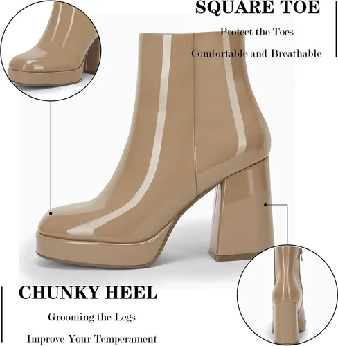 Miniatura 5 de Rilista Botas de plataforma para mujer, tacones altos y gruesos, botines de tobillo con punta cuadrada y cremallera lateral