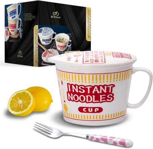 Miniatura 6 de Tazones de ramen con tapa y asa, lindos tazones de fideos instantáneos para ramen, juegos de cuencos grandes de cerámica con tenedor, regalo para 2