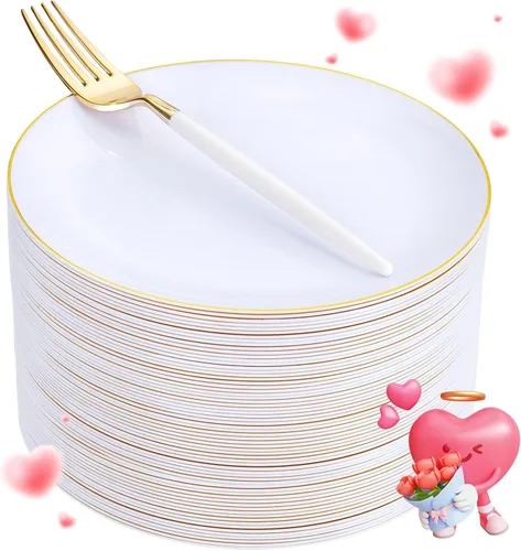 Miniatura 14 de LIYH - 200 platos de postre dorados, 100 platos de aperitivo de 7.5 pulgadas y 100 tenedores de plástico dorados de 5 pulgadas, platos para Oro