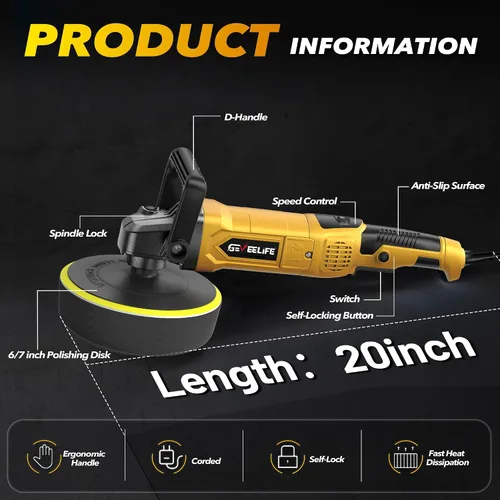 Miniatura 4 de GEVEELIFE Pulidora pulidora rotativa de 6 pulgadas/7 pulgadas, 1600 W, 7 velocidades variables, 1000-3500 RPM, mango desmontable para automóvil