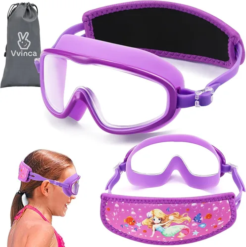 Miniatura 21 de Vvinca Gafas de natación para niños con correa de tela, sin enredos, sin dolor, antivaho para piscina, sin fugas, para niños y niñas