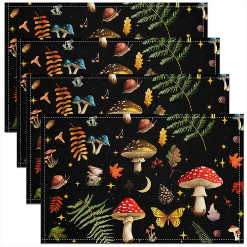 Miniatura 14 de Juego de 4 manteles individuales con diseño de hongos salvajes, acuarela, plantas naturales, decoración de plantas, para niños, adolescentes