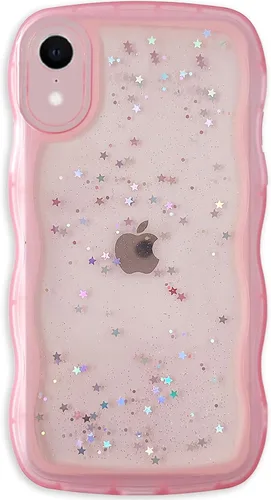 Miniatura 57 de Qokey Funda para iPhone 12 Pro Max de 6.7 pulgadas, diseño de onda rizada, borde transparente, brillante con purpurina, estrella brillante, bonita