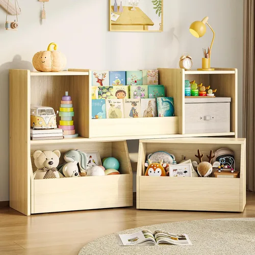 EXPERLAM Estantería de madera maciza para niños y organizador de almacenamiento de juguetes, estantería Montessori 3 en 1 con cubos de