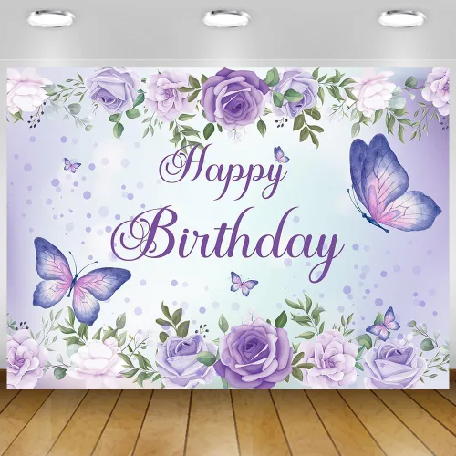 Pancarta de cumpleaños de mariposa morada para mujeres y niñas (59 x 36 pulgadas), pancarta morada para decoración de feliz cumpleaños para mujeres,