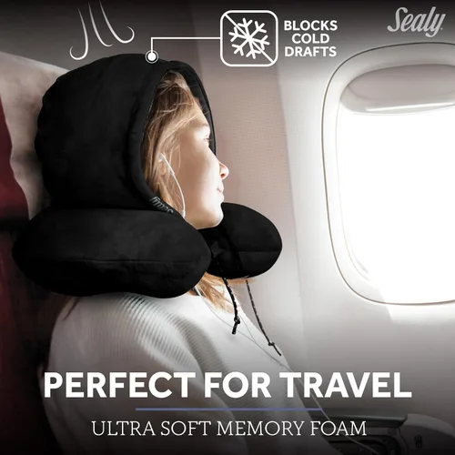 Miniatura 2 de Sealy Almohada de viaje - Almohada de cuello de avión con capucha, almohada de cuello de viaje para aviones, almohada de viaje de espuma