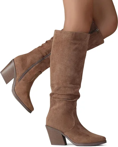 Miniatura 2 de Putu Botas altas hasta la rodilla con punta puntiaguda para mujer, botas de tacón grueso apiladas, con cremallera lateral, botas altas holgadas