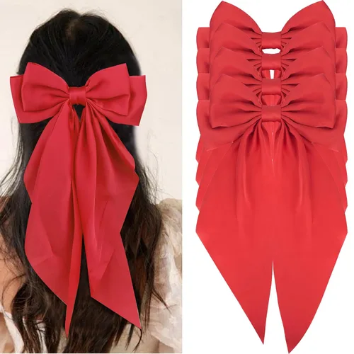 Wecoe 4 lazos grandes para el cabello para mujeres, lazos de satén rojo, pasadores para el cabello, lindos clips grandes de lazo para el cabello de
