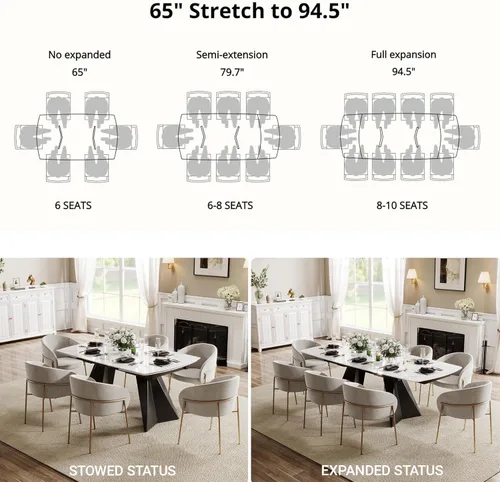 Miniatura 6 de Mesa de comedor extensible con extensión, 65"-95" piedra sinterizada rectangular, superficie con aspecto de mármol, para 6-12 personas, base