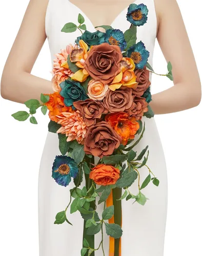 Miniatura 10 de Serwalin Ramos de boda de 9.8 pulgadas para novia y dama de honor, peonías rosa empolvado, ramos de flores de novia para boda, ramo de lanzamiento