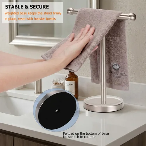Miniatura 5 de Toallero de mano dorado con base de acero inoxidable pesado, toallero en forma de T, toallero independiente para encimera para baño (oro cepillado)