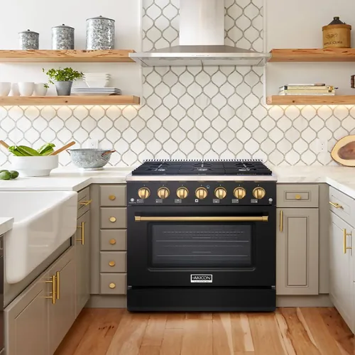 Miniatura 2 de Akicon Cocina de gas de estilo profesional independiente deslizable de 36 pulgadas con horno de 5.2 pies cúbicos, 6 quemadores, ventilador de Blanco