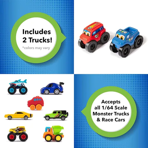Miniatura 6 de Simplay3 Monster City Extreme Wheels - Mesa de carreras de autos - Mesa de juego portátil roja de 2 caras para niños con 2 camiones Monster Race