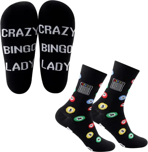 MBMSO Divertidos calcetines de bingo – 2 pares de calcetines de vestir para mujer de bingo loco Crazy Bingo Señora