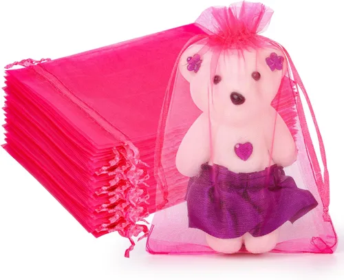 Miniatura 15 de Hopttreely 100 bolsas de organza transparente, bolsas de regalo de joyería roja, bolsas de regalo de boda de Navidad de 4 x 6 pulgadas con cordón