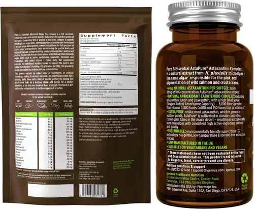 Miniatura 6 de Igennus - Polvo de proteína de colágeno de vainilla vegana + paquete vegano de complejo de astaxantina, fórmula estimulante de colágeno + 4 mg de H.
