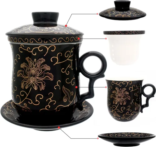 Miniatura 16 de Taza de té de porcelana con tapa de infusor y juegos de platillos – Taza de café de cerámica china Jingdezhen Taza de té de hoja suelta Sistema