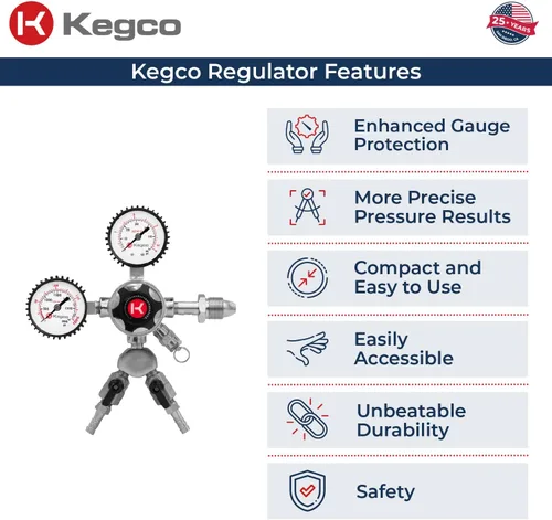 Miniatura 4 de Kegco Elite Series Dual Gauge Regulador de cerveza de barril de nitrógeno de dos productos, cromo