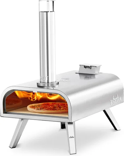 BIG HORN OUTDOORS 16" Horno de piedra para pizza con leña, cocinador de pizza al aire libre de acero inoxidable 1112°F, portátil para uso en Plateado