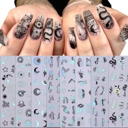 Miniatura 18 de Calcomanías líquidas para arte de uñas, diseño de mariposa, negro, plateado, mariposa, luna, 3D, autoadhesivas, suministros de arte de uñas