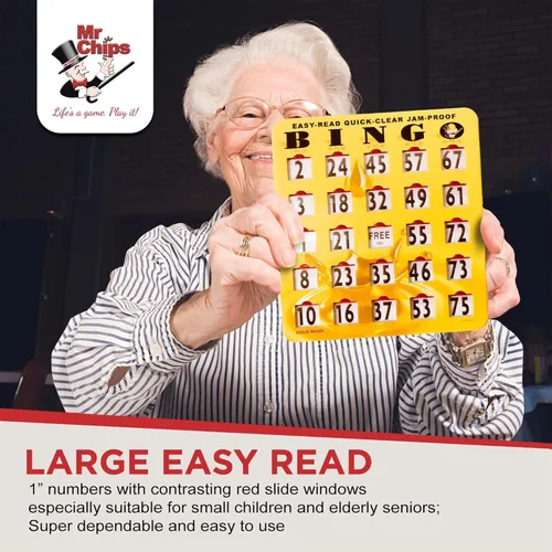 Miniatura 7 de MR CHIPS Tarjetas de bingo a prueba de atascos con ventanas deslizantes, 50 tarjetas de obturador reutilizables, 75 tarjetas de llamadas, 1 tablero