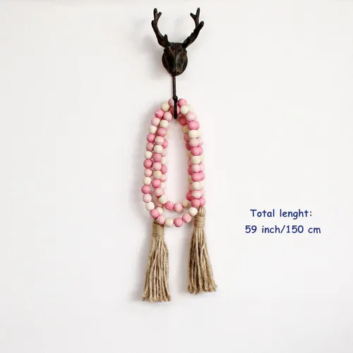 Miniatura 6 de CVHOMEDECO. Guirnalda de cuentas de madera con borlas de madera rústica para decoración de festivales en el hogar. Mezcla rosa envejecida