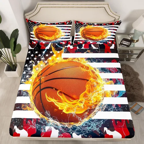 Miniatura 25 de Erosebridal American Flag Fitted Sheet Twin, Hockey Bedding Set United States Sports Games Bed Sheets for Kids Boys Teens Bedroom, Red White