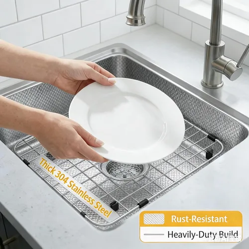 Miniatura 6 de Protectores de fregadero de acero inoxidable para fregadero de cocina, estante de fregadero de metal de 12.25 x 11.5 pulgadas con orificio