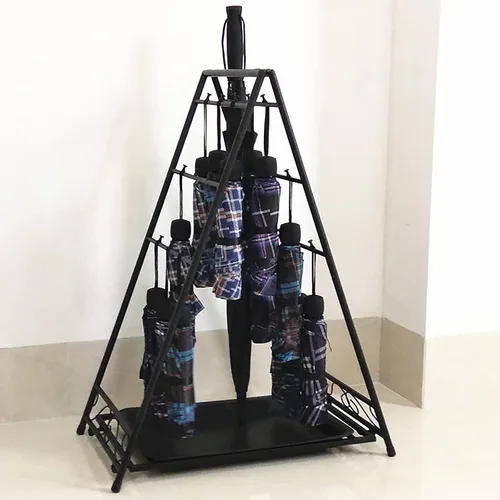 Miniatura 8 de Soporte plegable de metal de gran tamaño para paragüas, soporte para paragüas, oficina en casa, pasillo, almacenamiento con ganchos y bandeja Marrón