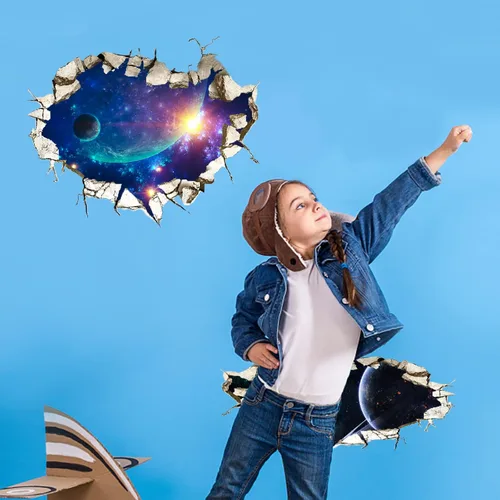 Miniatura 3 de SUPERDANT 3 calcomanías 3D para decoración de pared, espacio roto, galaxia, planeta, murales de pared, papel tapiz de vinilo para decoración