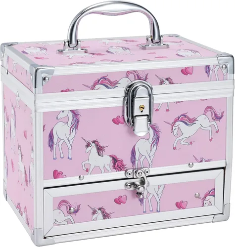Hododou Joyero para niñas diseño de unicornio rosa organizador con cajón y espejo estuche de almacenamiento con cerradura estilo unicornio para