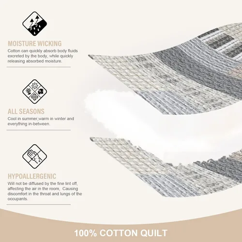 Miniatura 4 de Y-PLWOMEN Edredón de tamaño King - 100% algodón, color marrón gris, edredón de tamaño King, estampado de granja a cuadros, edredón acolchado, 3