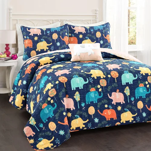 Miniatura 2 de Lush Decor Hygge - Juego de edredón reversible de elefante, tamaño individual, 3 piezas, azul marino y multicolor, juego de ropa de cama para niños