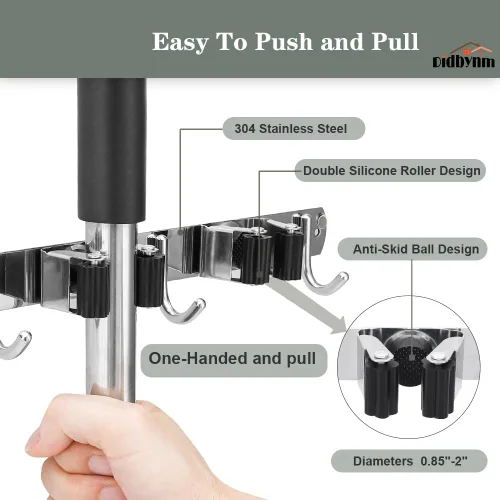 Miniatura 2 de Soporte de pared para escoba de fregona, de acero inoxidable, organizador de trapeadores para colgar en la pared con 4 abrazaderas, 5 ganchos