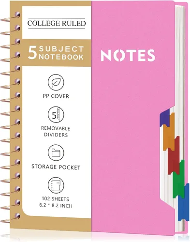 Miniatura 10 de CAGIE Cuadernos de espiral para trabajo escolar con pestañas divisorias extraíbles, cuaderno de 5 materias de 8.5 x 11 pulgadas, a rayas
