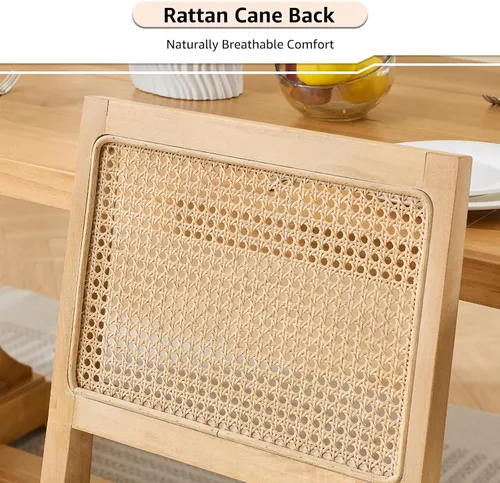Miniatura 4 de ODUSE-DAILY Juego de 2 sillas de comedor French Country color beige, sillas de comedor de madera bohemia con respaldo tejido y asiento tapizado